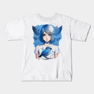 Girl and a blue bird Kids T-Shirt